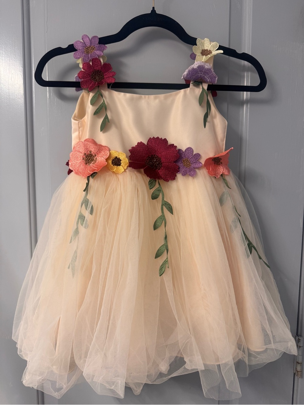 Cream Floral Tulle Girls' Costume Dress with Multicolor Flowers